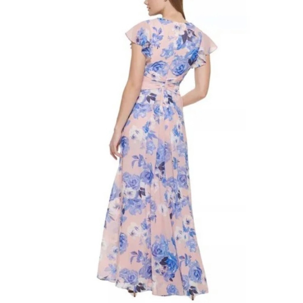 ELIZA J Floral Print Embellished V Neck Flutter Sleeve Gown in Pink Blush - Picture 5 of 7
